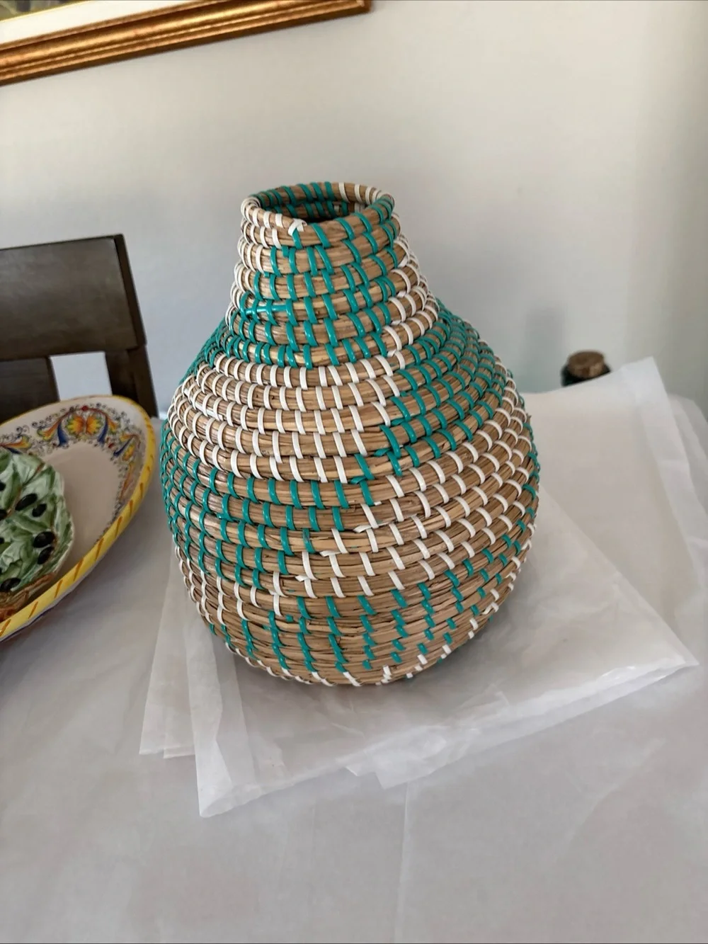 Handwoven Natural, Teal & White Decorative Basket Vase